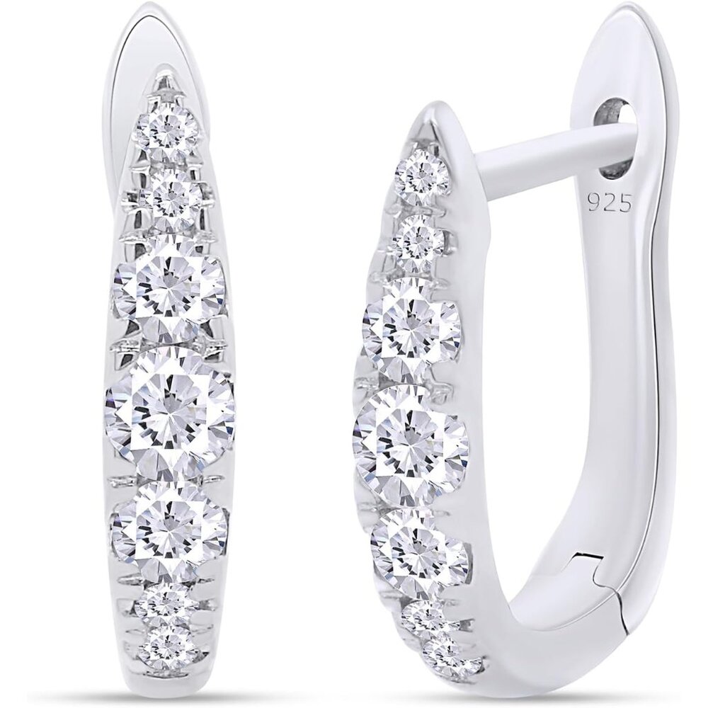 Huggie Hoop Earrings Women 14K White Gold Silver Moissanite Bright Sparkle